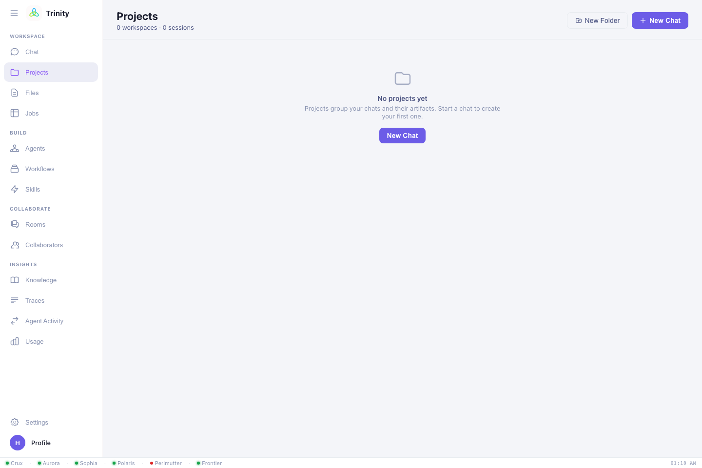 The Projects view — empty until your first chat creates one